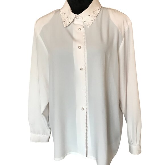 Koret Vintage 80s Cream Blouse: Size 16, Scalloped Eyelet Embroidery Detail - Picture 15 of 16